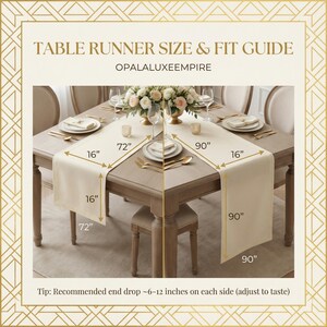 May include: A cream-colored table runner, 16 inches wide, displayed on a wooden table. The image shows measurements of 72 and 90 inches in length. The text reads "TABLE RUNNER SIZE & FIT GUIDE" and "OPALALUXEEMPIRE".