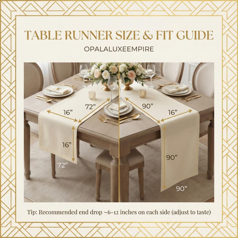 May include: A cream-colored table runner, 16 inches wide, displayed on a wooden table. The image shows measurements of 72 and 90 inches in length. The text reads "TABLE RUNNER SIZE & FIT GUIDE" and "OPALALUXEEMPIRE".