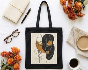 Bolso de mano abstracto de doble cara, bolso de lona minimalista contemporáneo, color neutro, esencial para los amantes del arte.