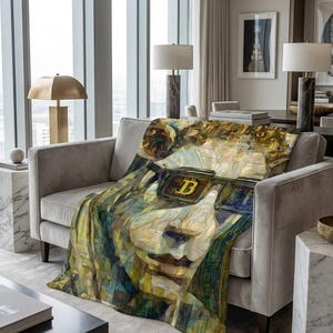 Bitcoin Bull Mosaic Sherpa Blanket  Crypto Throw Soft Decor