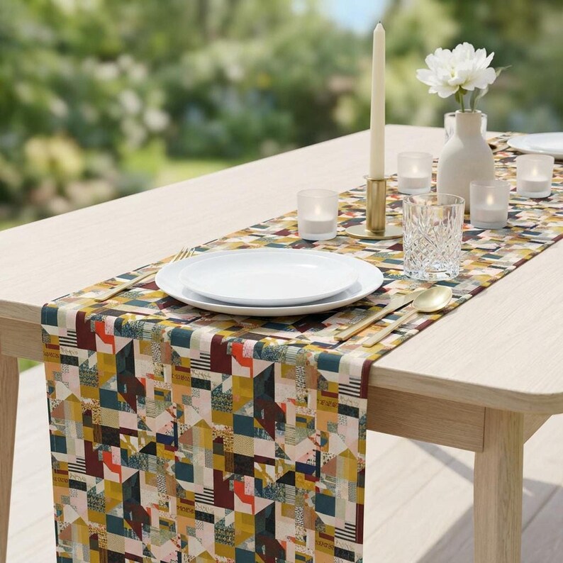 Runner da tavola con motivo geometrico patchwork, moderno misto cotone-poliestere per la sala da pranzo immagine 2