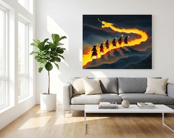 Dragon Fire Samurai Canvas Wall Art  Japanese Warrior Painting  Epic Fantasy Oriental Decor