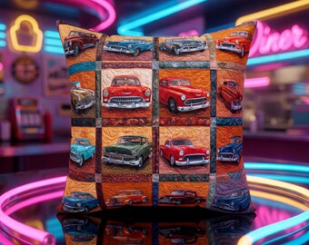 Vintage Car Pillow | Retro Patchwork Throw with Classic Automobile Design