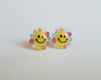 Yellow Smiley Face Daisy Rainbow Earrings | No Metal Earrings