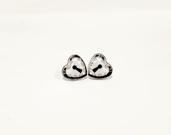 Black and White Gold Glitter Heart Earrings in Lock Design | No Metal Earrings