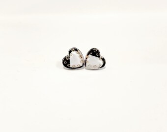 Black and White Gold Glitter Heart Earrings in White with Black Corner Design | No Metal Earrings