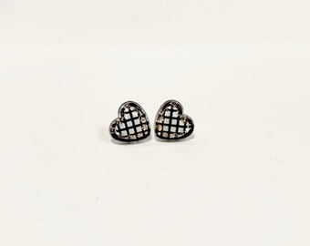 Black and White Gold Glitter Heart Earrings in Lattice | No Metal Earrings