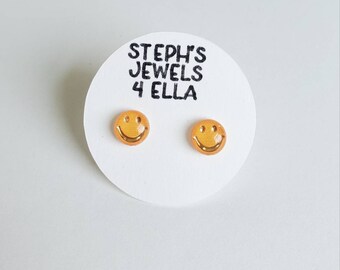 Mini Smiley Face Circle Earrings in Gold and Orange | Hypo-Allergenic • Nickel-Free • Metal Free | No Metal Earrings