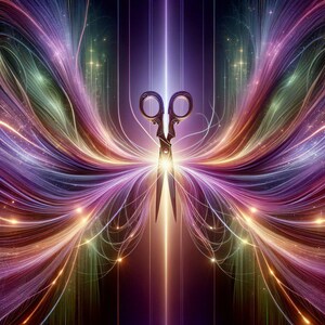 May include: A pair of silver scissors with a colorful, abstract background of light streaks and sparkles.