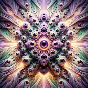 May include: A psychedelic digital art piece featuring a large, central eye surrounded by many smaller eyes. The eyes are purple, yellow, and orange, and the background is a swirling mix of pink, green, and white.