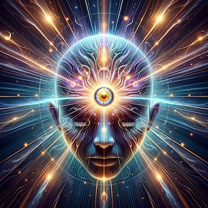 May include: A digital art illustration of a human face with a third eye in the center of the forehead. The eye is blue and yellow and surrounded by a bright light. The face is surrounded by a swirling pattern of light and dark lines.