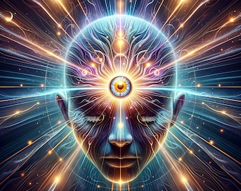 May include: A digital art illustration of a human face with a third eye in the center of the forehead. The eye is blue and yellow and surrounded by a bright light. The face is surrounded by a swirling pattern of light and dark lines.