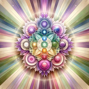 May include: A colourful mandala design with seven chakras represented by different coloured circles. The chakras are surrounded by a flower-like pattern with petals in shades of purple, pink, and green. The background is a radial pattern of stripes in various shades of pink, purple, and green.