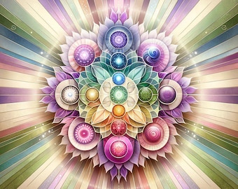 Könnte beinhalten: Ein farbenfrohes Mandala-Design mit sieben Chakren, die durch unterschiedlich farbige Kreise dargestellt werden. Die Chakren sind von einem blumenartigen Muster mit Blütenblättern in Violett-, Rosa- und Grüntönen umgeben. Der Hintergrund ist ein radiales Muster aus Streifen in verschiedenen Schattierungen von Rosa, Lila und Grün.
