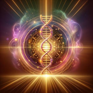 Op de afbeelding: Een gloeiende, abstracte afbeelding van een DNA-dubbele helix omringd door een cirkelvormig patroon van licht en kleur. De helix is goud en rood, en de achtergrond is een mix van paars, roze en geel.