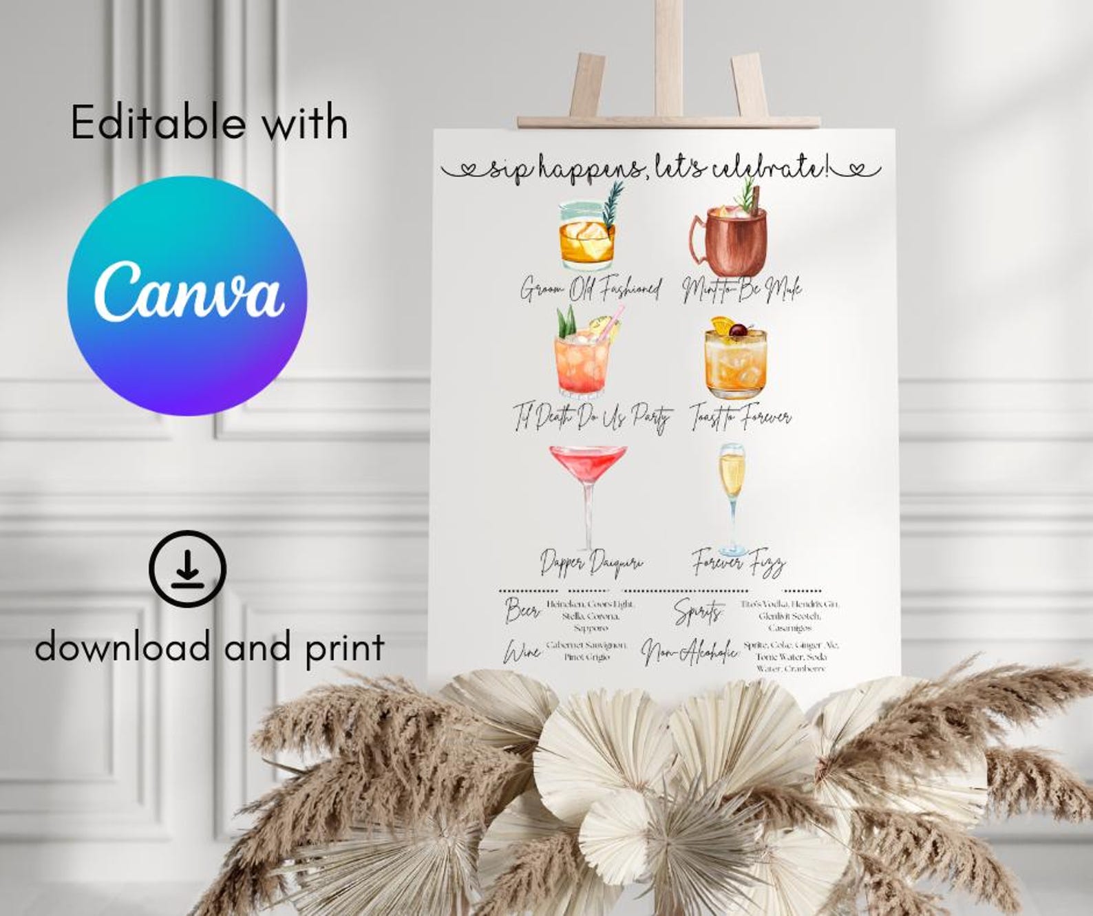 Editable Wedding Drinks Menu Sign | Printable Bar Menu Template ...