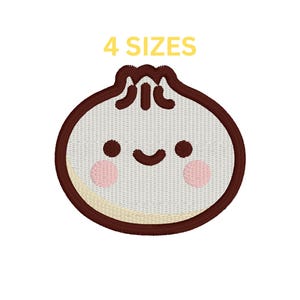 May include: An embroidered patch featuring a smiling dumpling with rosy cheeks and a brown outline. The text "4 SIZES" is displayed in yellow above the dumpling. The design is on a white background.