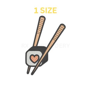 May include: An embroidered design featuring a sushi roll with a salmon heart and chopsticks. The text "1 SIZE" is displayed in yellow above the sushi. The chopsticks are light brown with dark brown lines.