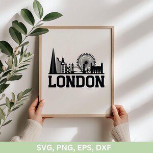 May include: A black and white silhouette of the London skyline with the word "LONDON" in bold letters below. The skyline includes the London Eye, Big Ben, and other iconic landmarks.