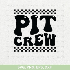 May include: Black and white graphic design with the text "PIT CREW" in a retro font style. The text is framed by a checkered pattern.