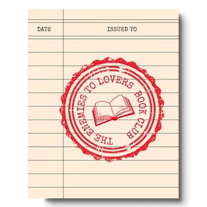 Póster con sellos para tarjetas de biblioteca del club de lectura "De enemigos a amantes"