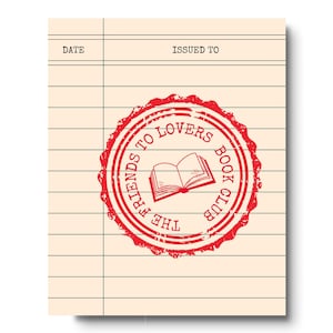 Póster con sellos para tarjetas de biblioteca del club de lectura "Amigos a amantes"