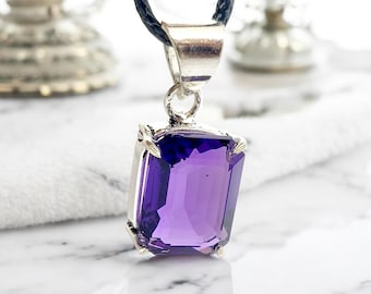 Emerald Cut Amethyst Pendant | German Silver Necklace | Purple Gemstone Jewelry | Healing Crystal Gift | Elegant Handmade Charm | Certified.
