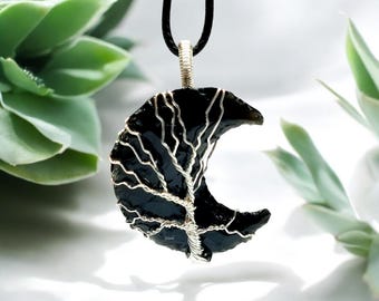 Pendentif arbre de vie en obsidienne noire | Collier en cristal avec fil torsadé | Amulette de protection | Bijoux spirituels | Charm fait main avec pierres précieuses | Bohème