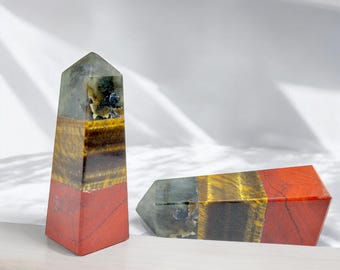 Powerful Triple Energy Crystal Tower, Large | Labradorite Tiger Eye Jasper | Healing Wand | Grounding Stone | Protection Crystal | Unique