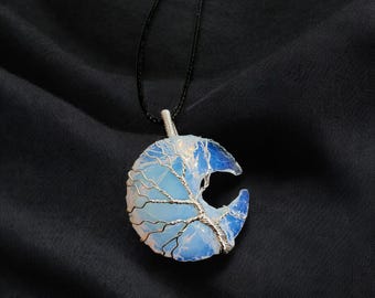Opalite Moon Pendant | Tree of Life Wire Wrapped Necklace | Handmade Crystal Jewelry | Spiritual Gift | Gemstone Charm | Boho Accessory