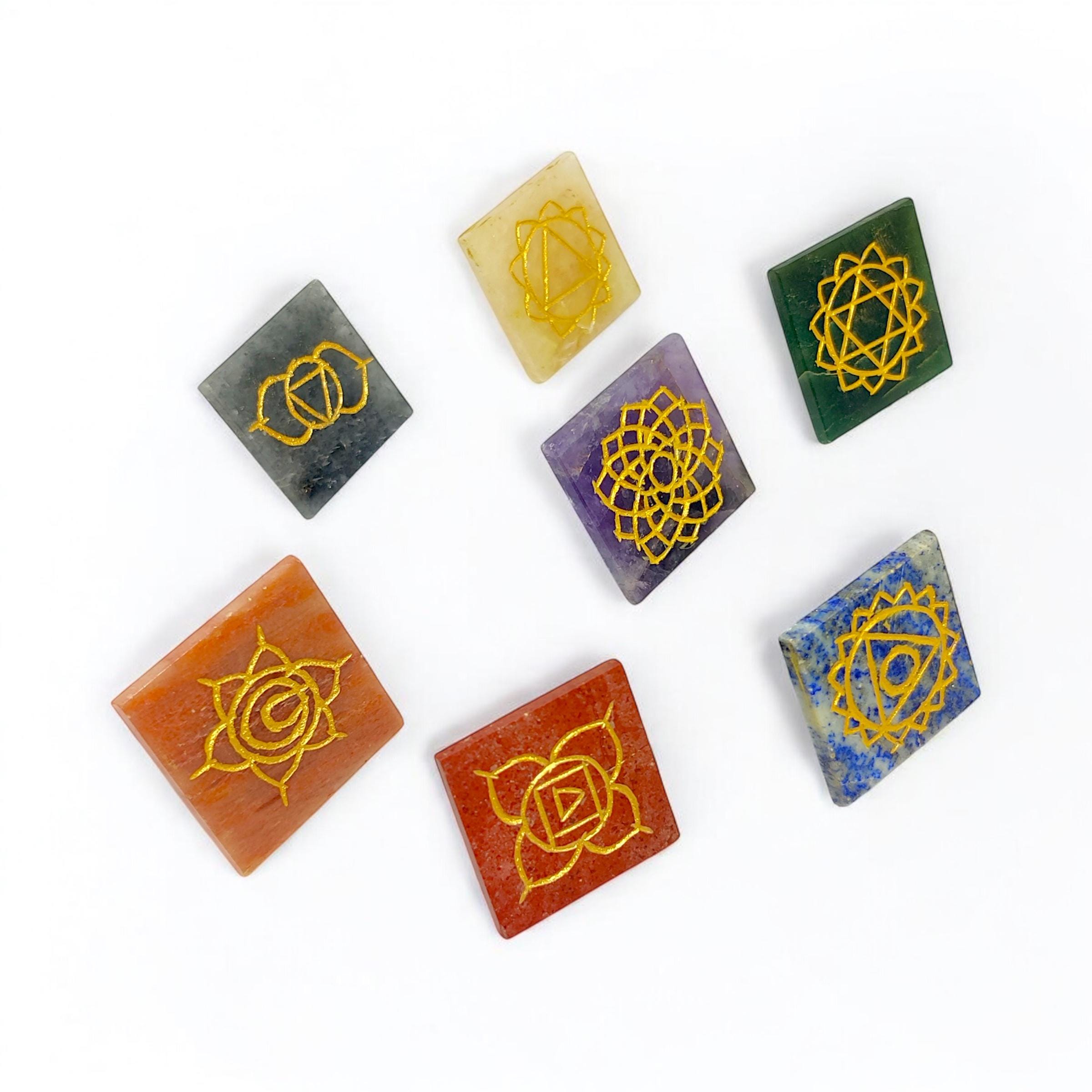 Seven Chakra Pyramid Set | Engraved Gemstone Pyramids | Reiki Healing ...