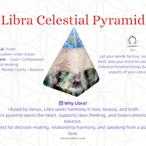 Könnte beinhalten: Eine Libra Celestial Pyramide mit einem blau, weiß und grün Kristall-Design. Die Pyramide zeigt das Waage-Symbol und Text über ihre Eigenschaften, einschließlich Lapis Lazuli, Rosenquarz und Fluorit. Der Text lautet "Libra Celestial Pyramide".