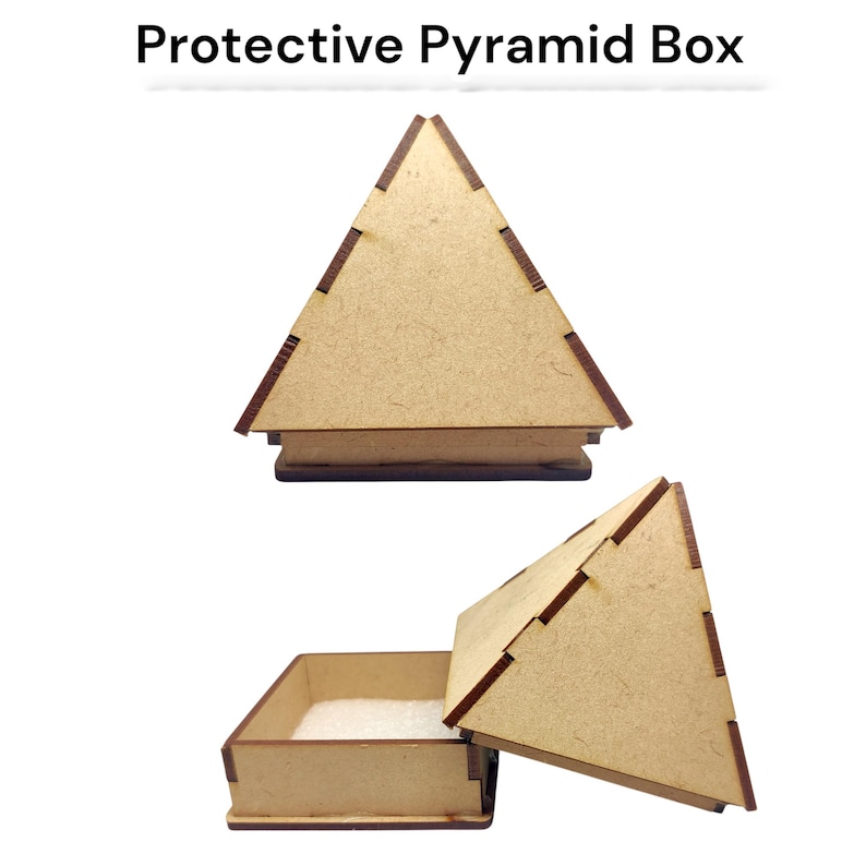 May include: A protective pyramid box made of light brown wood, with a contrasting darker brown trim. The box is shown both closed and open, revealing a square base and a pyramid-shaped lid. The text "Protective Pyramid Box" is above the box.