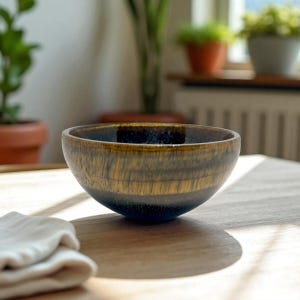 May include: A handcrafted wooden bowl with a dark blue interior and a textured, striped exterior in shades of brown and gold. The bowl sits on a wooden surface, with a folded white cloth in the foreground. The background features plants.