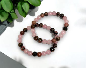 Pulsera de rodonita y cuarzo rosa / Joyería de cristal curativo / Amor y equilibrio emocional