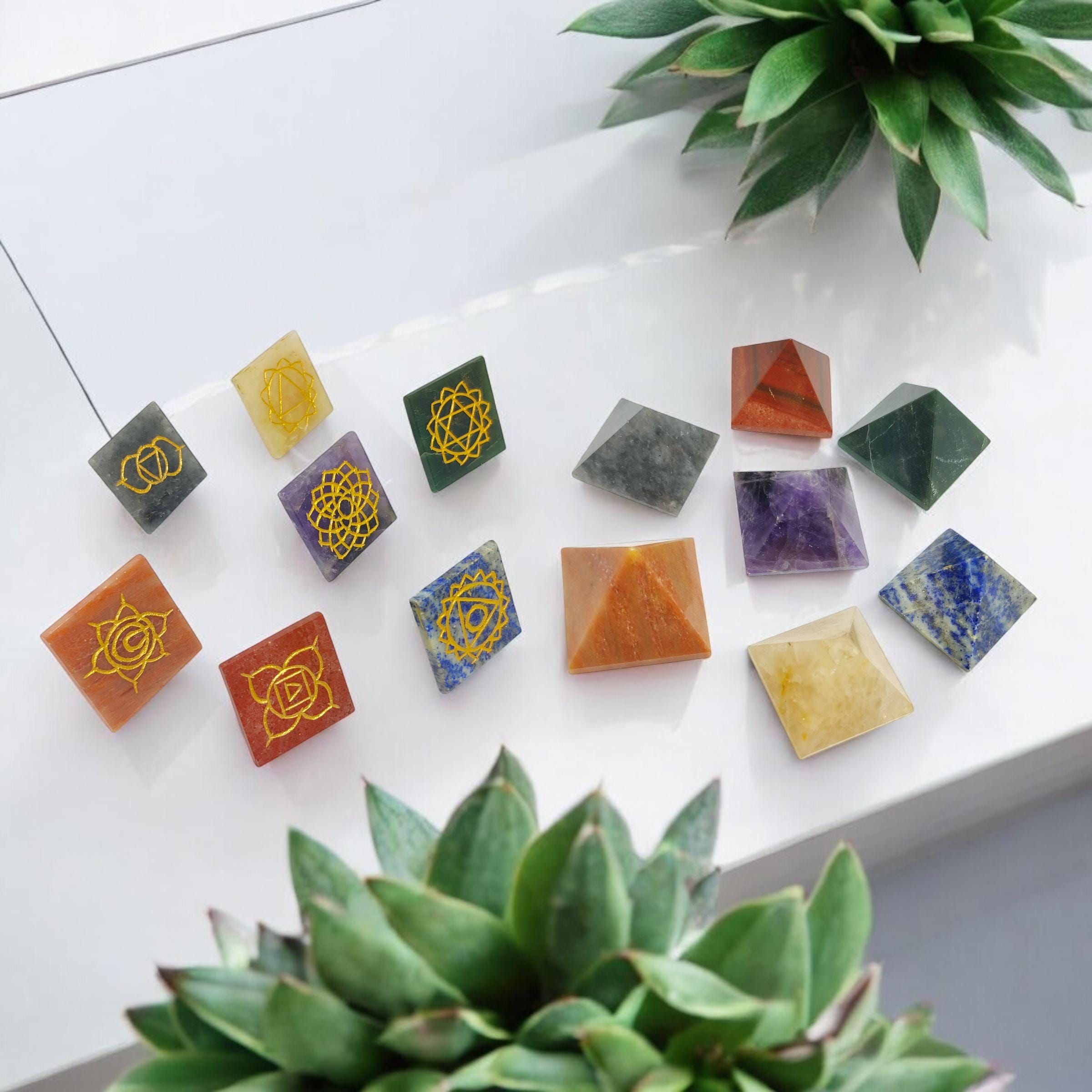 Seven Chakra Pyramid Set | Engraved Gemstone Pyramids | Reiki Healing ...