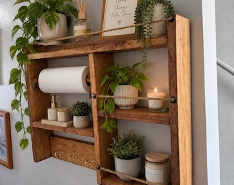 Handmade Wooden Wall Shelf  Rustic Style Hanging Rack, Solid Wood Floating Shelf for Kitchen, Valentine's Day gift