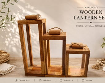 Handmade Wooden Lantern Set of 3, Rustic Wood Candle Holders, Farmhouse Home Decor, Decorative Lanterns, Table & Floor Decor