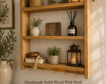 Rustic Wood Wall Shelf with 5 Hooks, Handmade Solid Wood Shelf, Farmhouse Wall Organizer, Entryway Bathroom Kitchen Storage, wooden gift