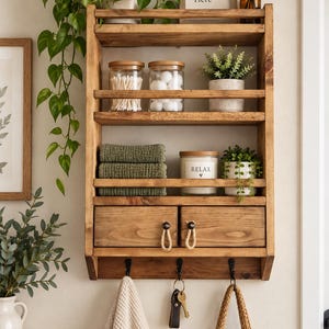 May include: A wall-mounted wooden shelf unit featuring three open tiers, two small drawers with rope pulls, and three black metal hooks. The shelves hold glass jars, green plants, folded olive green towels, and a candle labeled RELAX.