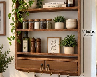 Rustic Wooden Wall Shelf with Drawers Hooks, Handmade Kitchen Organizer, Wall Mounted Spice Rack, Bathroom Entryway 30” H x 25” W x 3.5” D