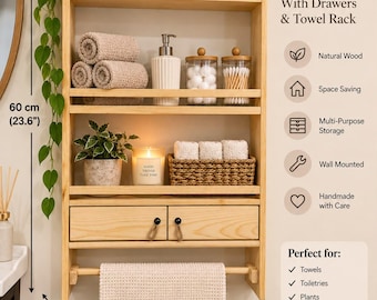 Handmade Wooden Bathroom Wall Shelf with 2 Drawers and Towel Rack, Rustic Pine Storage Organizer, Kitchen or Bathroom Shelf
