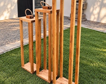 Set of 3 Wooden Candle Holders, Rustic Floor Lantern Stands, 24” 20” 16” Tall Candle Stands, Farmhouse Wedding & Home Decor