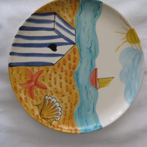 Beach scene ceramic plates, Barrarte Portugal, 10.5&quot; serving plate, summer hosting, parties, gifting. Set of 2 plates.