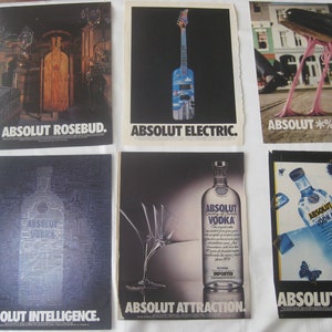 Absolute Vodka advertisment pages from magazines, originals, not copies, lot of 6 different ads. frame to display, add to collection