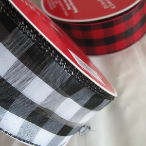 Christmas Buffalo plaid ribbon, black/white or red/black. wired, 2.5&quot; wide, 80 ft long - Jumbo spool!  Price is per 1 spool. pick your color