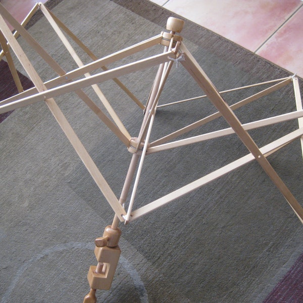 Large wooden umbrella style yarn winder supply for knitting, weaving. Wood clamp will fit 1.75" table.