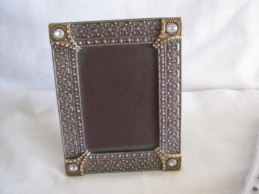 Ornate Brass Picture Frame Antique Silver With Rhinestones in Corners ...