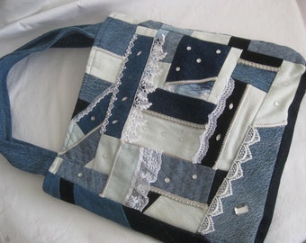 Patchwork quilted bag/tote denim fabrics w lace trims rhinstones decorations, 13" x 13", velvety fabric lining with a pocket. 2 16" handles