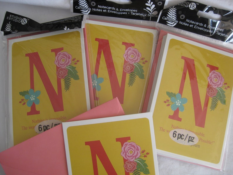 Letter initial N notecards with inspirational quote 5x3.5 6 cards with matching envelopes